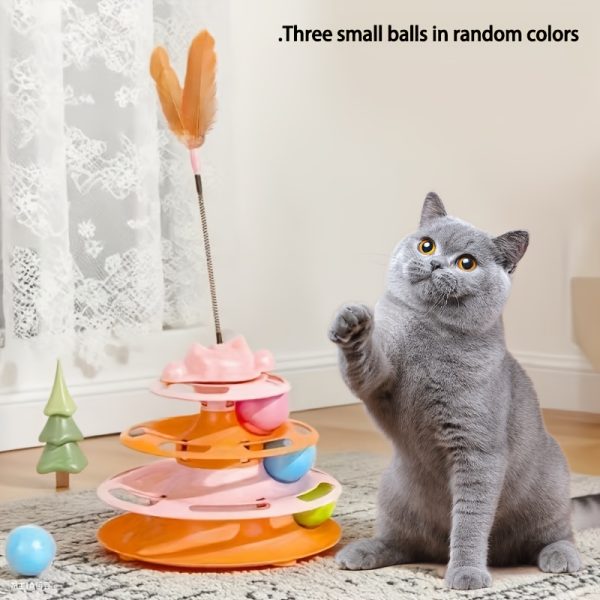 1 Set Cat Turntable Toy Self-Entertainment Boredom Relief Cat Stick Turntable Ball Cat Toy Feather Small Kitten Pet Puzzle Toy, Cat Interactive Rotating Toy (Ball Color Random), Without Battery
