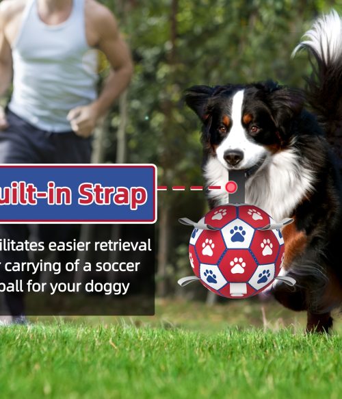 Interactive Training Ball Toy for Pet Dogs with a Strap, Featuring a Red, White, And Blue Paw Print Soccer Design, Includes a Pump for Medium And Small Dogs, Without Battery