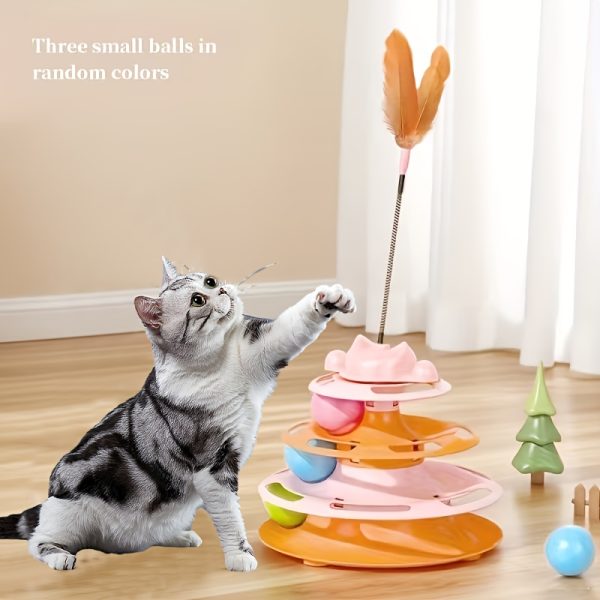 1 Set Cat Turntable Toy Self-Entertainment Boredom Relief Cat Stick Turntable Ball Cat Toy Feather Small Kitten Pet Puzzle Toy, Cat Interactive Rotating Toy (Ball Color Random), Without Battery