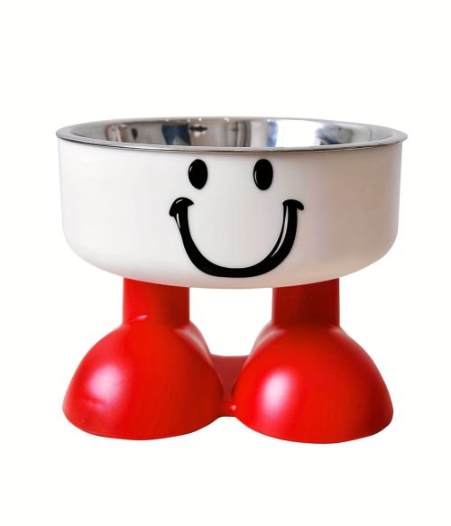 A Pet Bowl, Red and White Joyful Face Bowl, Stylish High-legged Design to Protect the Cervical Spine, Stainless Steel Bowl, Anti-tip Cat Food Bowl, Dog Bowl