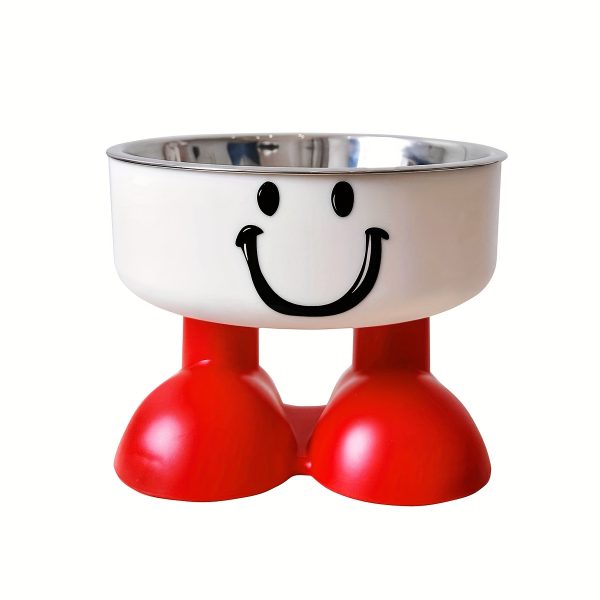 A Pet Bowl, Red and White Joyful Face Bowl, Stylish High-legged Design to Protect the Cervical Spine, Stainless Steel Bowl, Anti-tip Cat Food Bowl, Dog Bowl