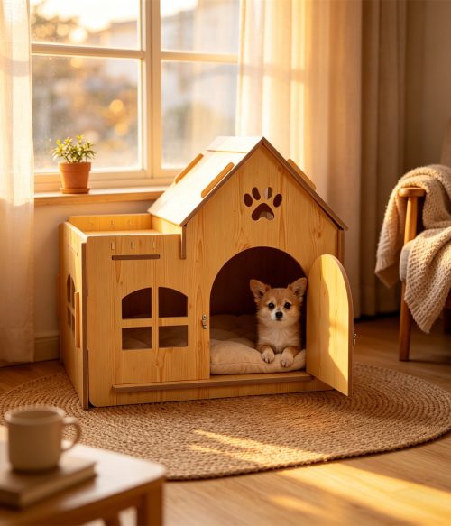 Bamboo Outdoor Pet House, Weatherproof Wooden Dog Kennel House Type Cottage, Four Seasons Pet Shelter for Small Medium Dogs & Cats, Elevated Pet Cage with Adjustable Feet, Natural Bamboo Catio for Patio, Backyard & Garden