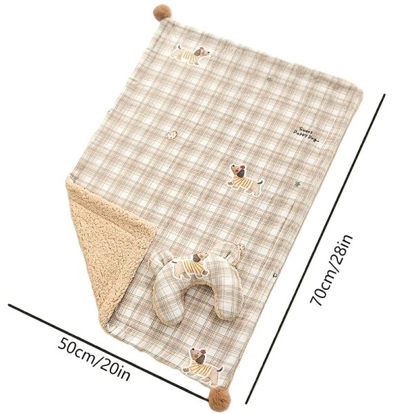 Vintage Plaid Pet Blanket And U-Shaped Pillow Combination, Cute U-Shaped Bear Ear Pillow, Blanket Soft And Comfortable Double-Sided Use, Can Be Covered And Cushioned