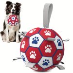 Interactive Training Ball Toy for Pet Dogs with a Strap, Featuring a Red, White, And Blue Paw Print Soccer Design, Includes a Pump for Medium And Small Dogs, Without Battery