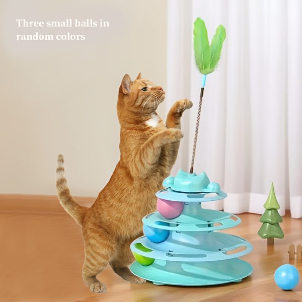 1 Set Cat Turntable Toy Self-Entertainment Boredom Relief Cat Stick Turntable Ball Cat Toy Feather Small Kitten Pet Puzzle Toy, Cat Interactive Rotating Toy (Ball Color Random), Without Battery