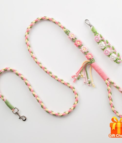 1pc Me and My Pet Handmade Woven Rope Dog Leash & Phone Lanyard - 1.4m Durable Polyester, Floral Pattern, 4ft for Smallu002FMedium Dogs, Christmas Gift (No Battery Needed)