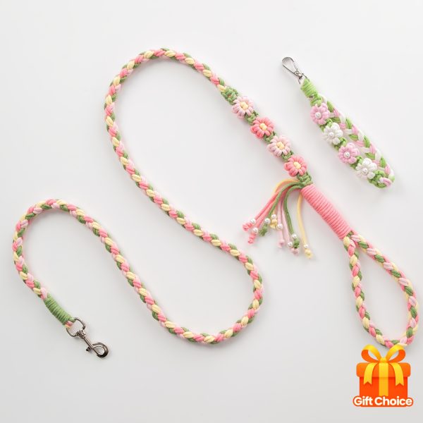 1pc Me and My Pet Handmade Woven Rope Dog Leash & Phone Lanyard - 1.4m Durable Polyester, Floral Pattern, 4ft for Smallu002FMedium Dogs, Christmas Gift (No Battery Needed)