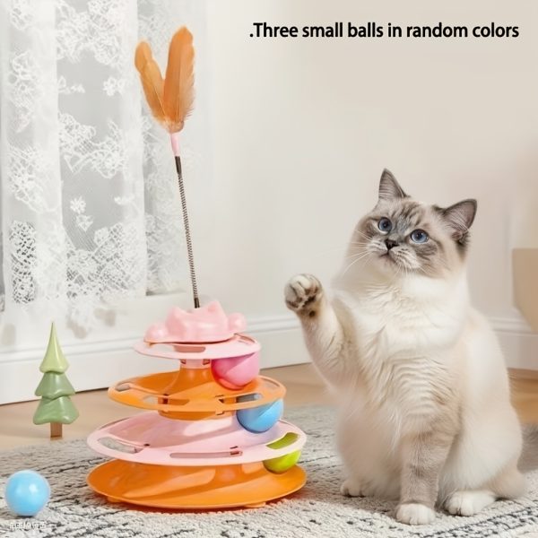 1 Set Cat Turntable Toy Self-Entertainment Boredom Relief Cat Stick Turntable Ball Cat Toy Feather Small Kitten Pet Puzzle Toy, Cat Interactive Rotating Toy (Ball Color Random), Without Battery