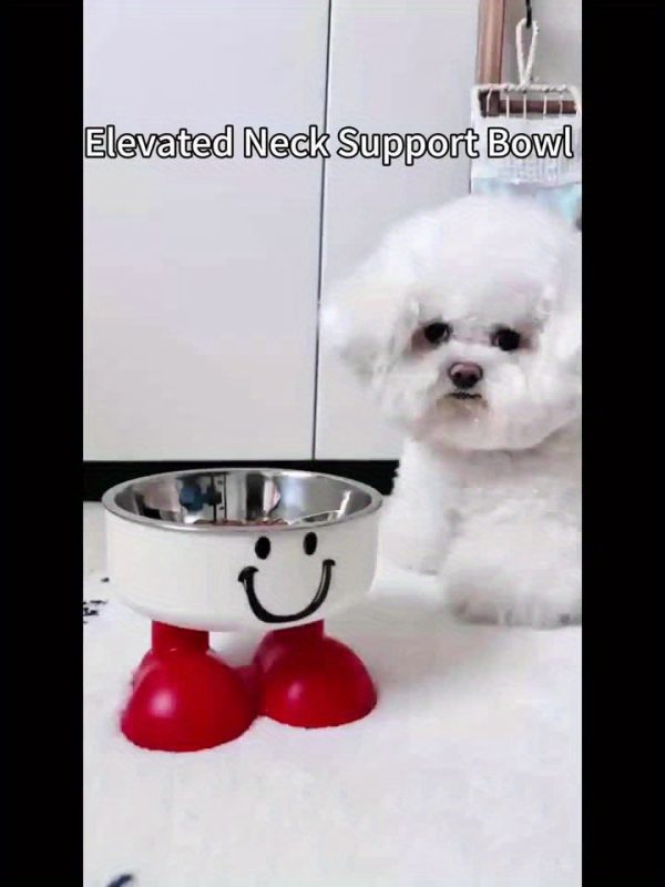 A Pet Bowl, Red and White Joyful Face Bowl, Stylish High-legged Design to Protect the Cervical Spine, Stainless Steel Bowl, Anti-tip Cat Food Bowl, Dog Bowl