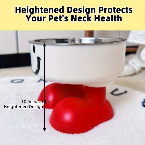 A Pet Bowl, Red and White Joyful Face Bowl, Stylish High-legged Design to Protect the Cervical Spine, Stainless Steel Bowl, Anti-tip Cat Food Bowl, Dog Bowl