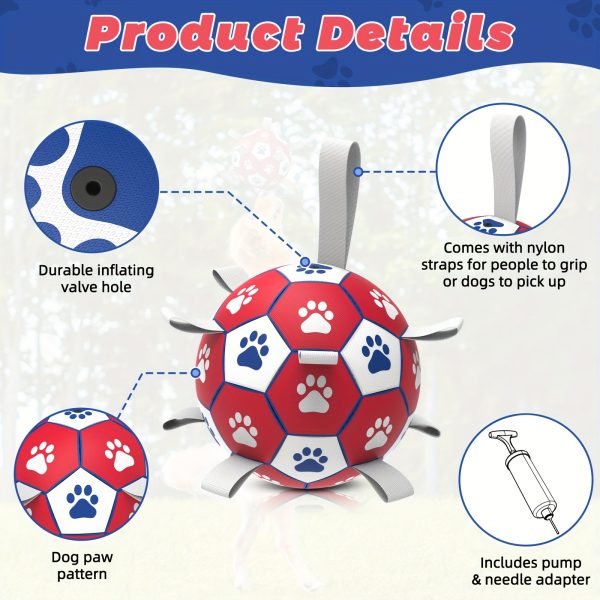Interactive Training Ball Toy for Pet Dogs with a Strap, Featuring a Red, White, And Blue Paw Print Soccer Design, Includes a Pump for Medium And Small Dogs, Without Battery