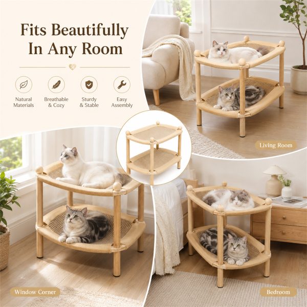 Double Layer Cat Scratcher Lounge with Cardboard Scratch Pad – Wood Frame Cat Couch for Indoor Cats, Natural Scratcher Bed for Sleeping and Play, Furniture Protector – Multi-Cat Home