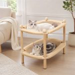 Double Layer Cat Scratcher Lounge with Cardboard Scratch Pad – Wood Frame Cat Couch for Indoor Cats, Natural Scratcher Bed for Sleeping and Play, Furniture Protector – Multi-Cat Home