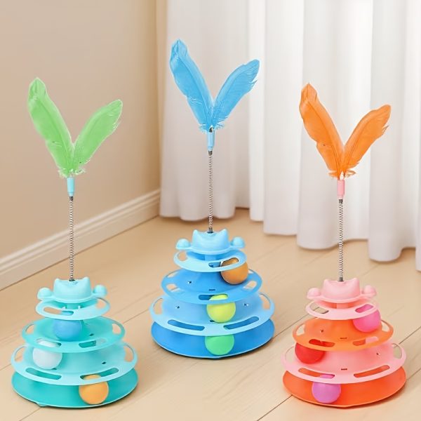 1 Set Cat Turntable Toy Self-Entertainment Boredom Relief Cat Stick Turntable Ball Cat Toy Feather Small Kitten Pet Puzzle Toy, Cat Interactive Rotating Toy (Ball Color Random), Without Battery