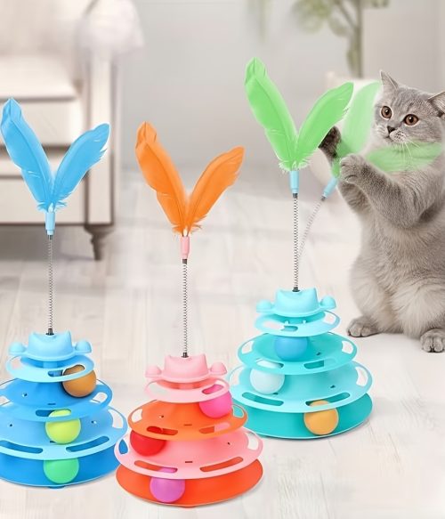 1 Set Cat Turntable Toy Self-Entertainment Boredom Relief Cat Stick Turntable Ball Cat Toy Feather Small Kitten Pet Puzzle Toy, Cat Interactive Rotating Toy (Ball Color Random), Without Battery