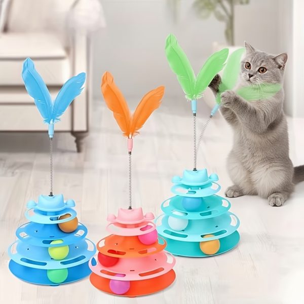 1 Set Cat Turntable Toy Self-Entertainment Boredom Relief Cat Stick Turntable Ball Cat Toy Feather Small Kitten Pet Puzzle Toy, Cat Interactive Rotating Toy (Ball Color Random), Without Battery