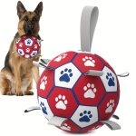 Interactive Training Ball Toy for Pet Dogs with a Strap, Featuring a Red, White, And Blue Paw Print Soccer Design, Includes a Pump for Medium And Small Dogs, Without Battery